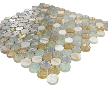 Gold Yellow White Penny Round Glass with Calacatta Marble Mosaic Wall Tile Backsplash Shower, Accent Decor, Fireplace