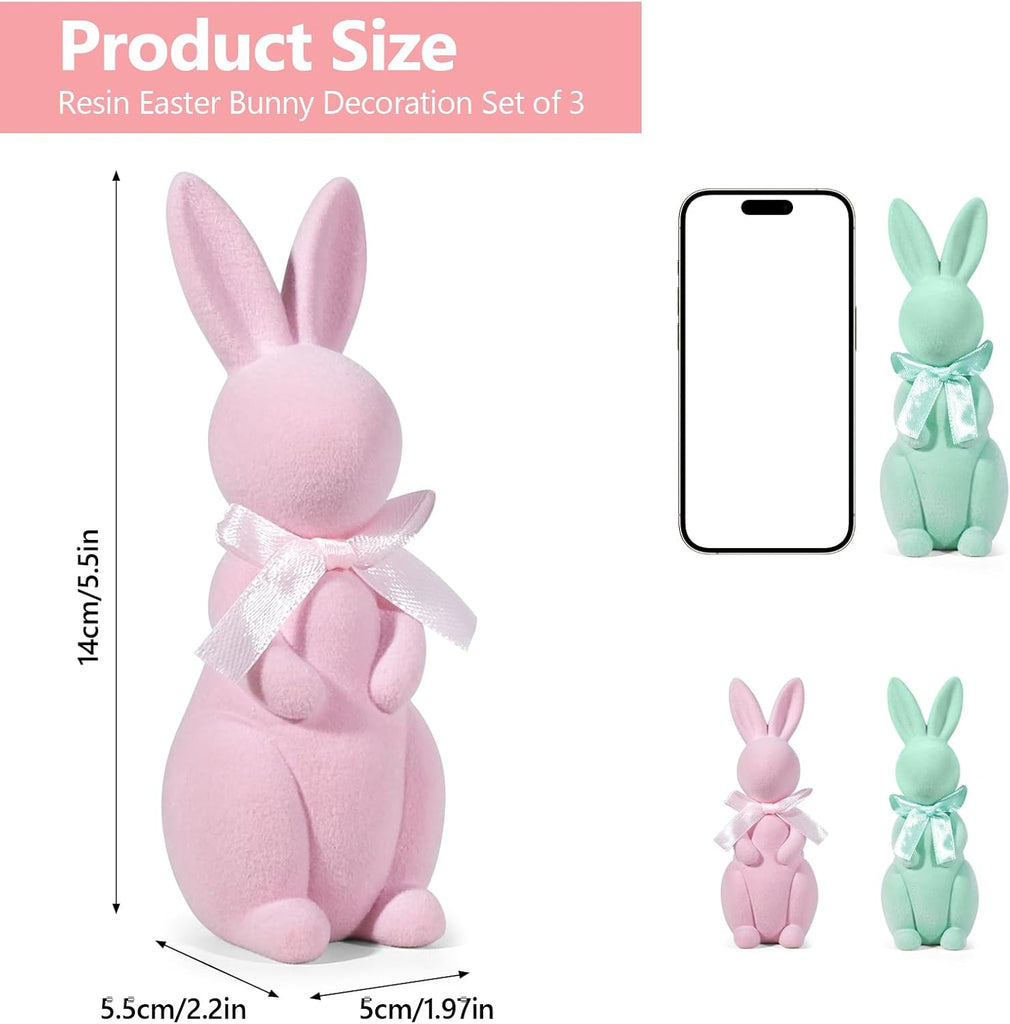 Easter Bunny Decorations, Flocked Bunnies Figurine with Soft Velvet Texture, 5.5" Resin Rabbit Ornaments, Spring - Set of 2
