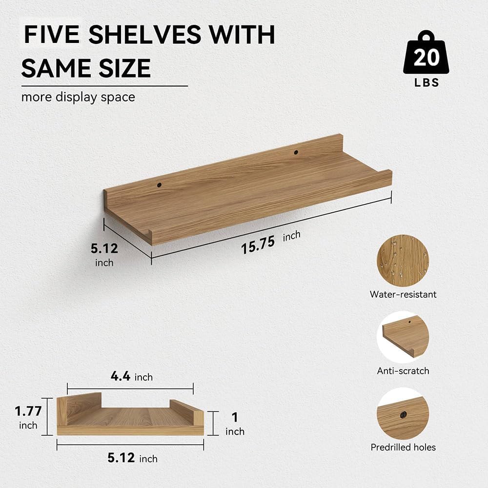 5-Set Floating Shelves with Lip, Oak Wall Mounted Wood Shelf
