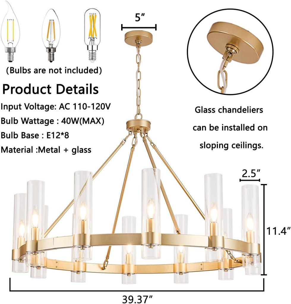 Wagon Wheel Chandelier, 12-Light Golden Farmhouse Round Chandelier, Industrial Lighting fixtures, Glass Chandelier, Suitable for Porch, Dining Room, Living Room, and Bedroom A115-B0DPMS2JC4