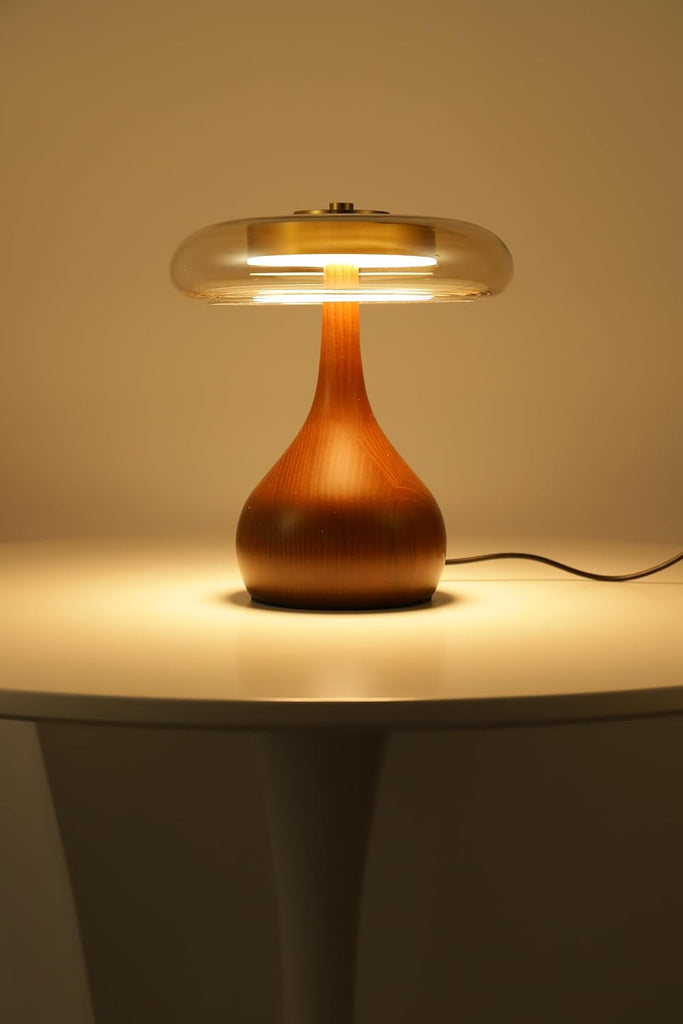 Small Table Lamp-Wooden Base Teardrop Mushroom Table Lamps,Amber Glass Shade