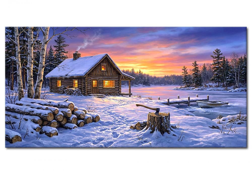 Blue Winter Cabin Wall Art Snow Landscape Canvas Print Framed Rustic Log House Pictures Sunset Lake Painting Bedroom