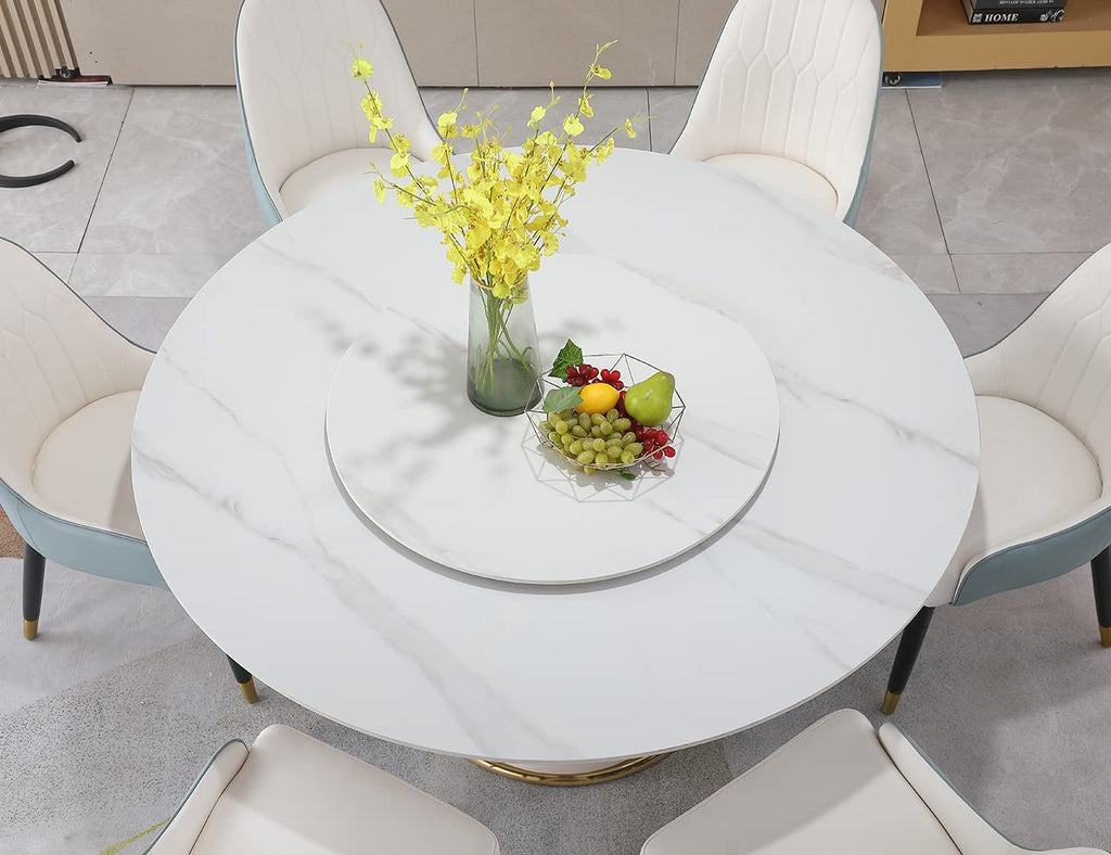 59" Round Dining Table - Modern Faux Marble Tabletop with Rotating Tray & Petal-Shaped Base, White Round Sintered
