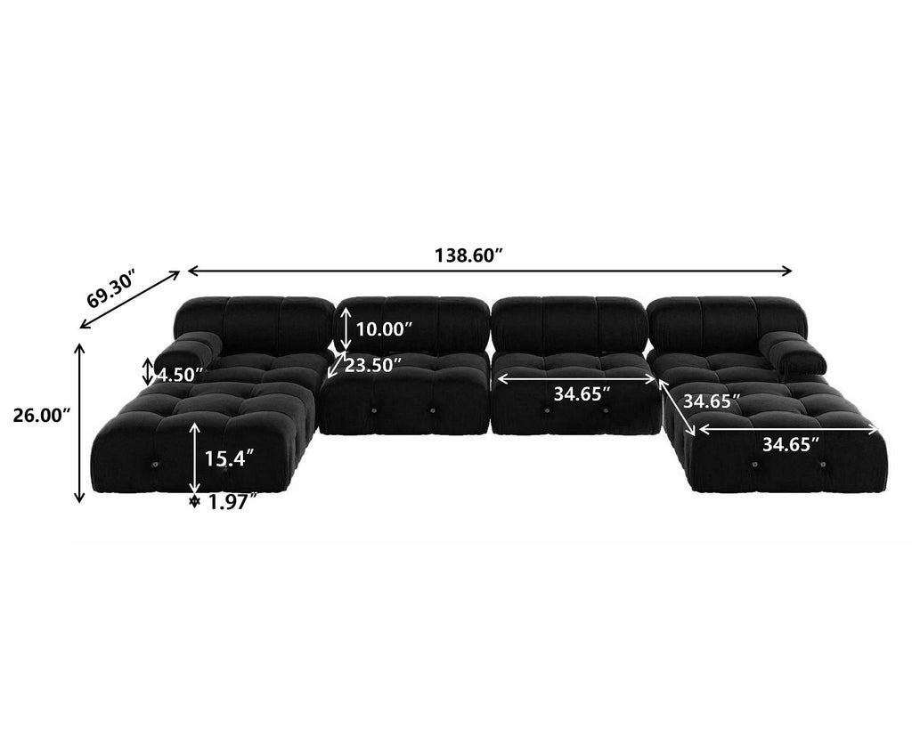 138" Modular Sectional Couch, U-Shaped Minimalist Velvet Sofas with Chaise Ottomans, Convertible Modern Deep 6-Seat