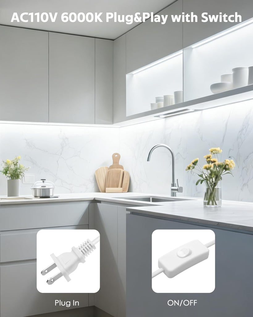AC 120V LED Strip Light 72in Under Cabinet Cold White Self-Adhsive Under Counter Lighting Strips Plug in with Switch