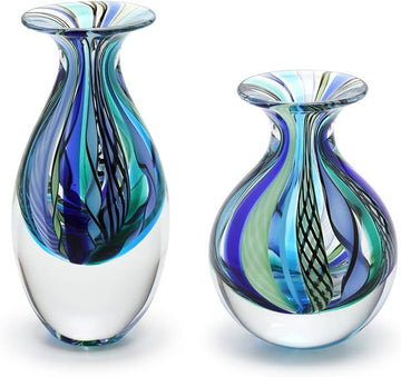 Murano Style Glass Vases Hand Blown Blue Canes Boho Effect Home Decor - Set of 2