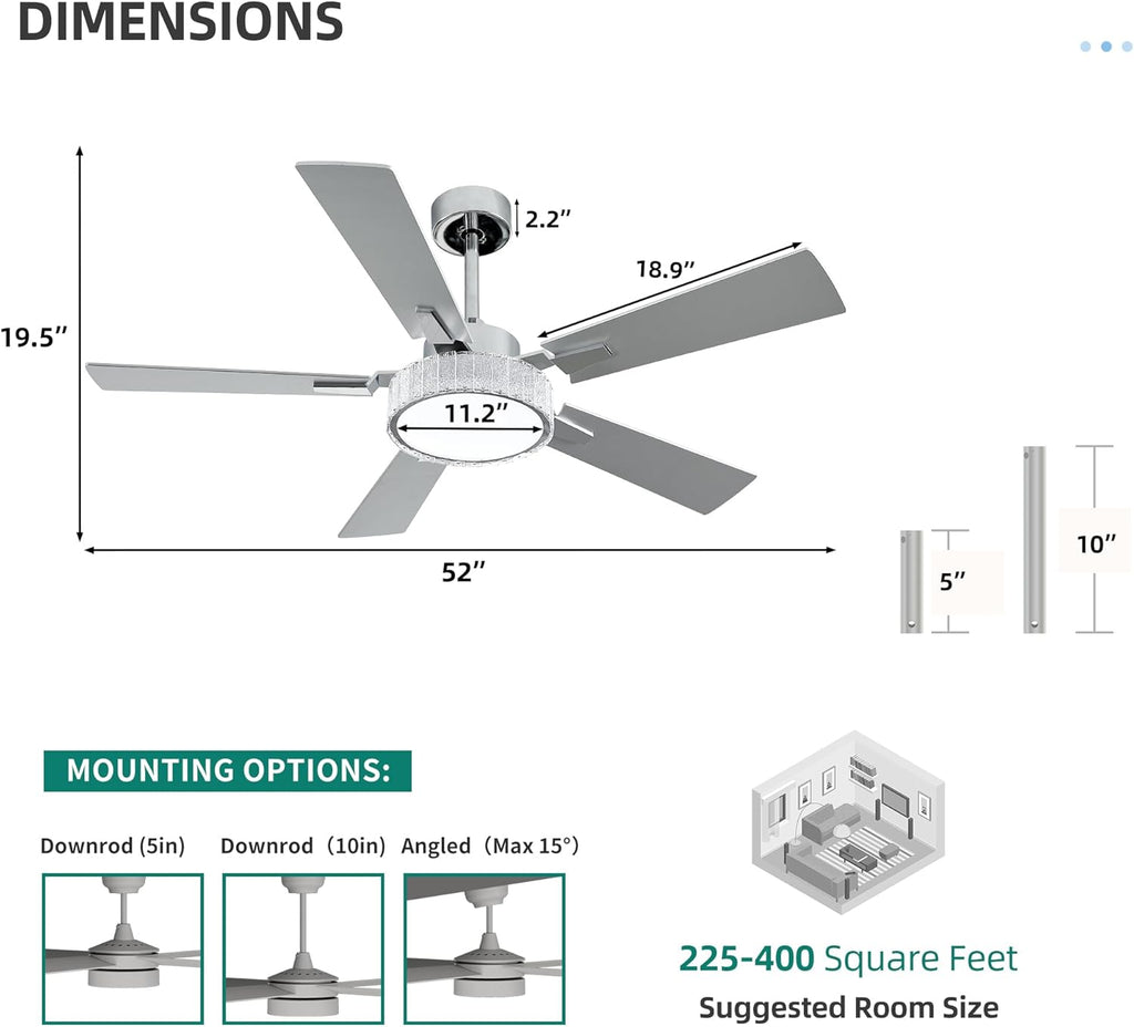 52 Inch Chandelier Ceiling Fans with Lights and Remote/App, Smart Ceiling Fans Compatible with Alexa