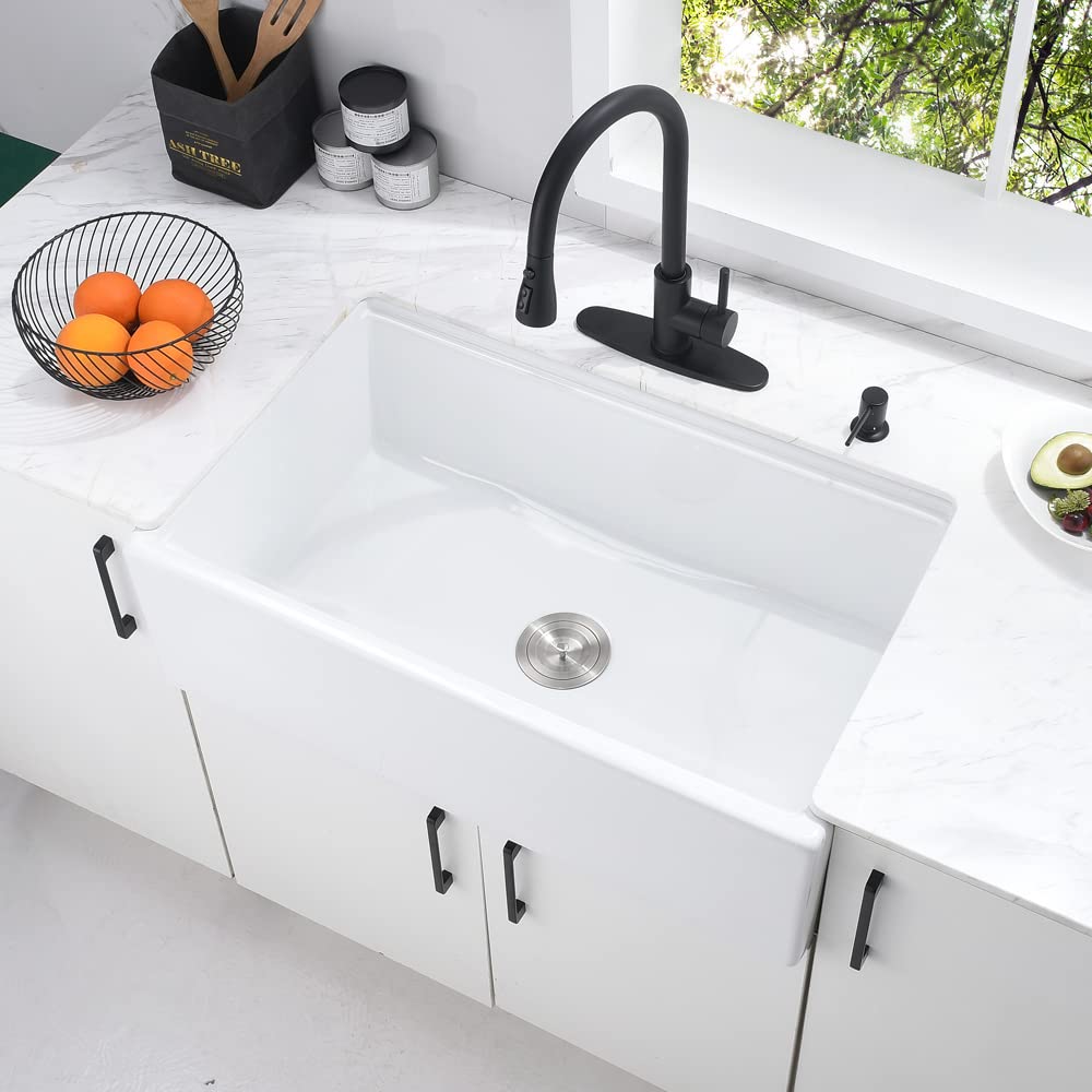 30 Inch White Farmhouse Sink, Fireclay Apron Front Kitchen Sink