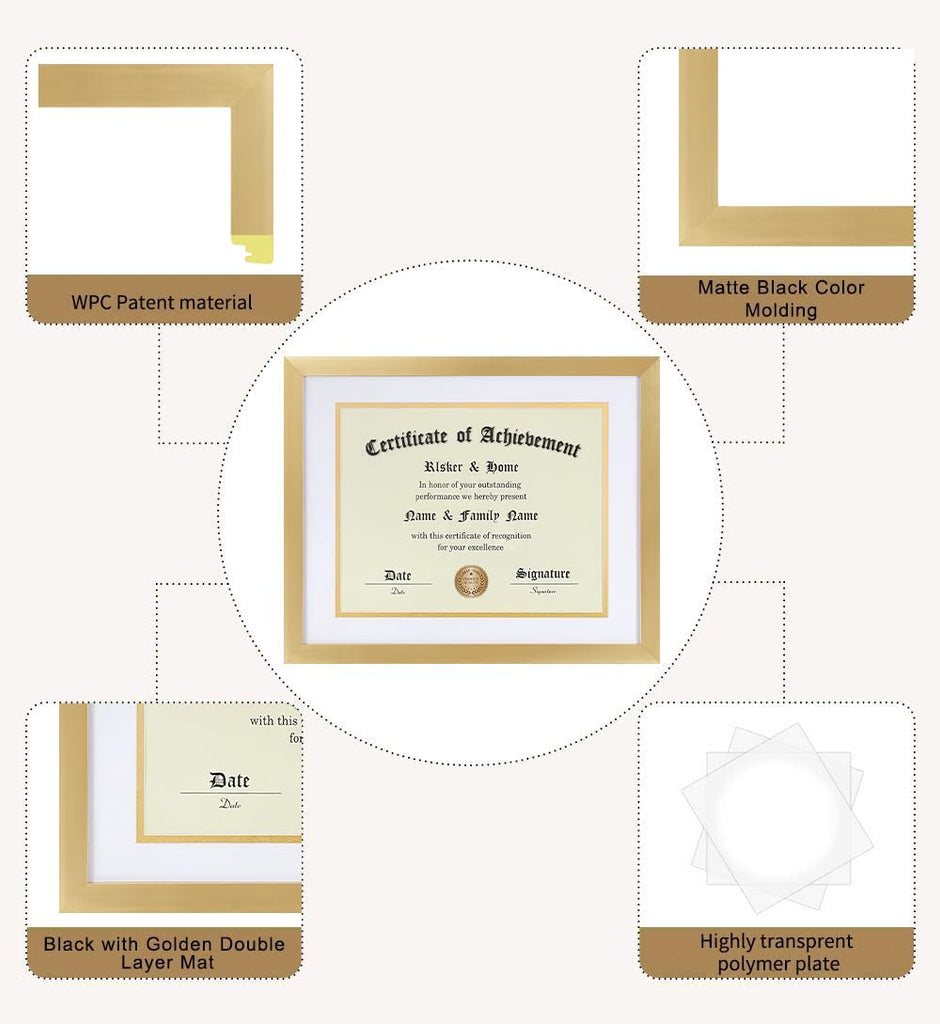 8.5 x 11 Certificate Frame Gold with White Mat Gold Rim