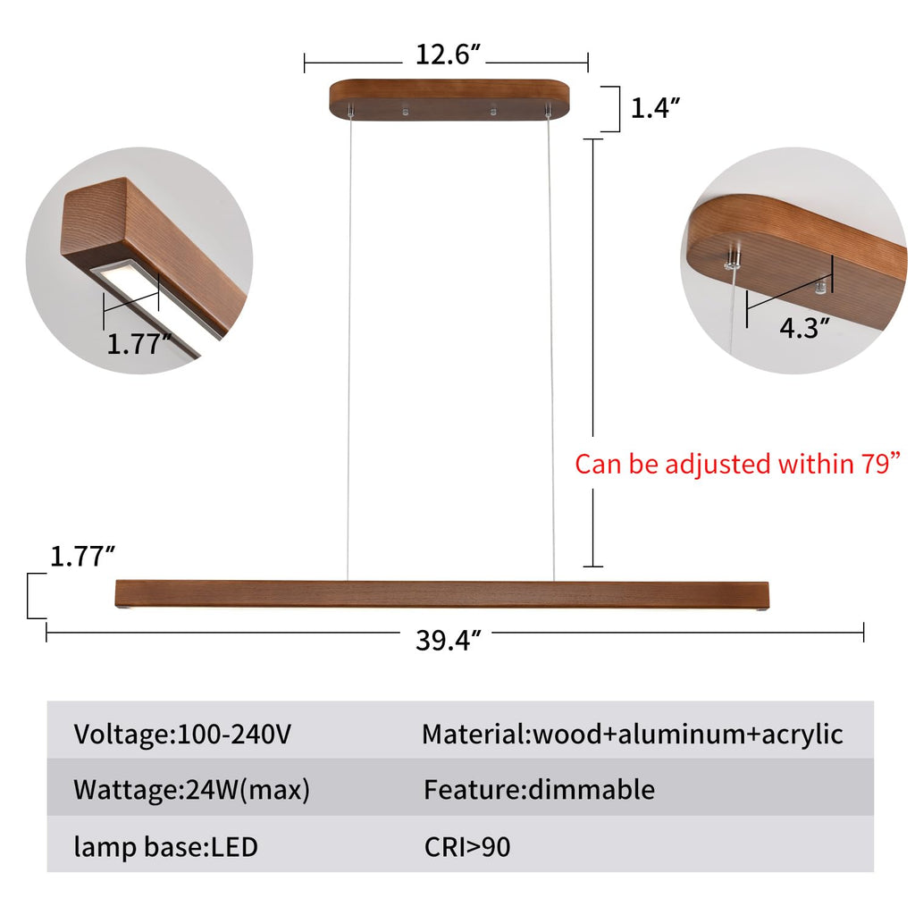 39 Inch Wood Linear Pendant Light Dimmable LED Kitchen Island Lighting with Remote Adjustable Hanging Chandelier Bar