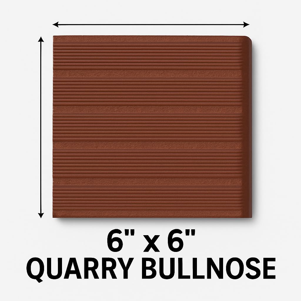 6x6 Colonial Red Smooth Quarry Bullnose Tile - Rounded Edge Ceramic Trim for Commercial Kitchen, Restaurant, Stair &