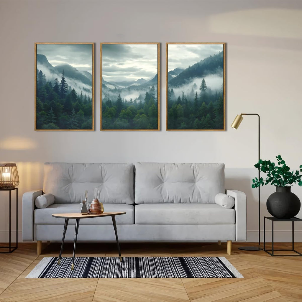 Large Misty Mountain Framed Wall Art 16x24 inch Green Foggy Forest Canvas Wall Decor Modern Pine Trees Nature