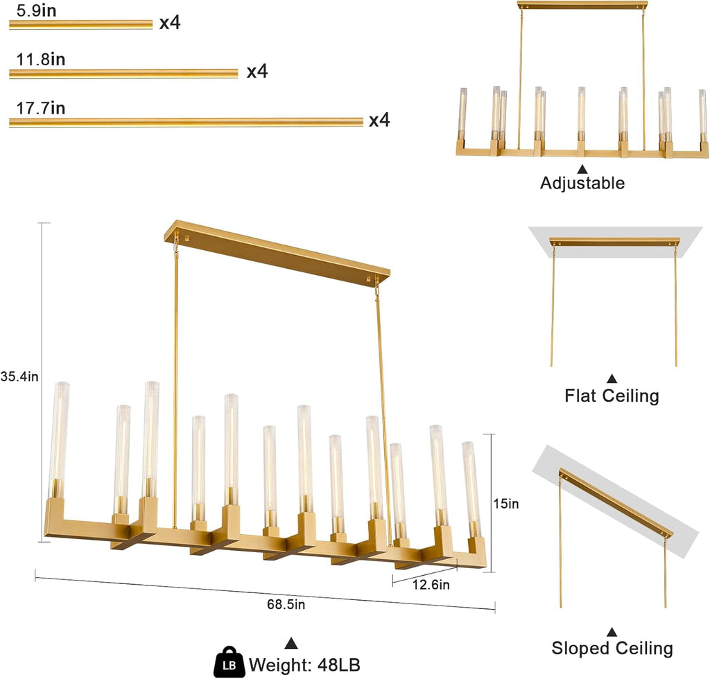 68-Inch 12-Light Gold Modern Chandelier with Knurled Glass Tube Shades, Rectangular Luxury Ceiling Pendant Light Fixture for Dining Room, Living Room, or Foyer A114-B0D9GCW3YT