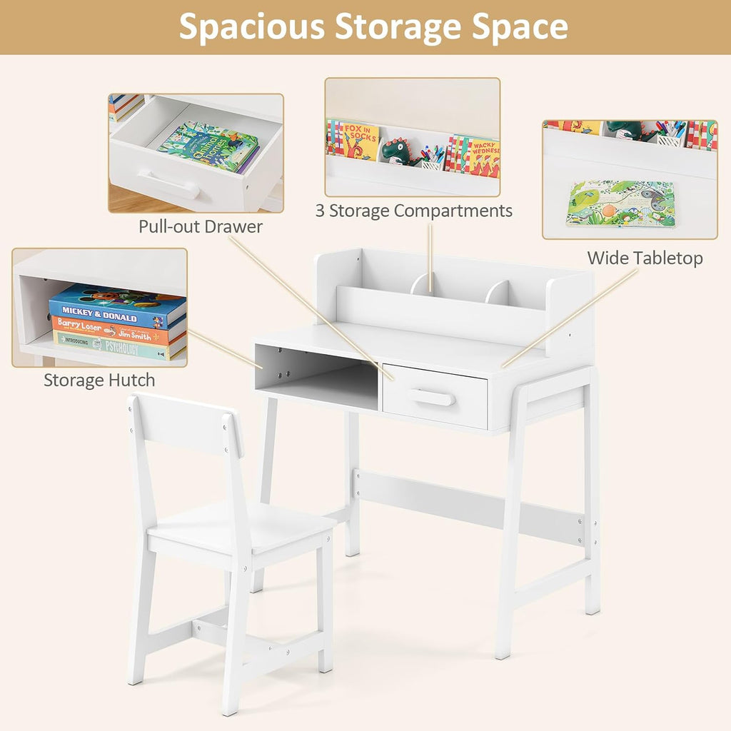 Kids Desk and Chair Set with Storage Bookshelf for Ages 3-8, White