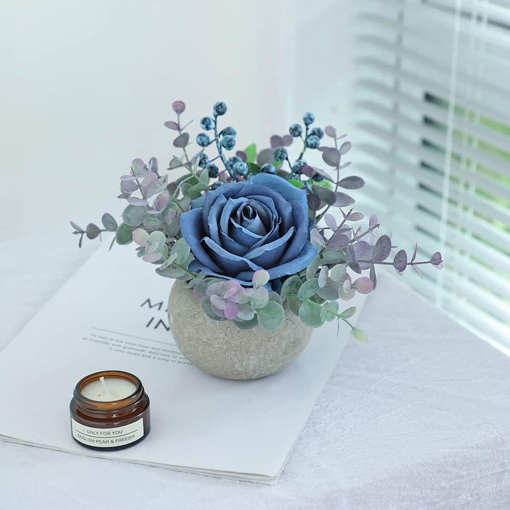 Small Artificial Blue Rose Potted Plant, Mini Faux Floral Decor