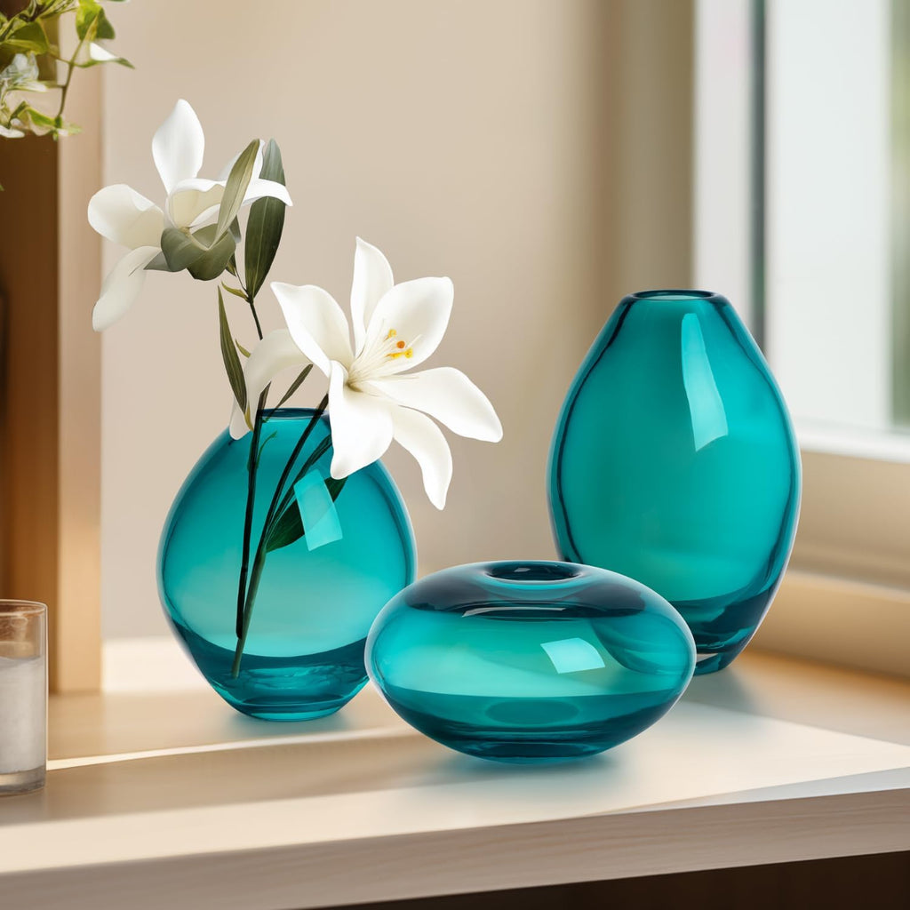 Blown Glass Teal Bud Vases - Hand Blown Turquise Vase Set & Clear Small Teal Vase for Flowers, Glass - Set of 3