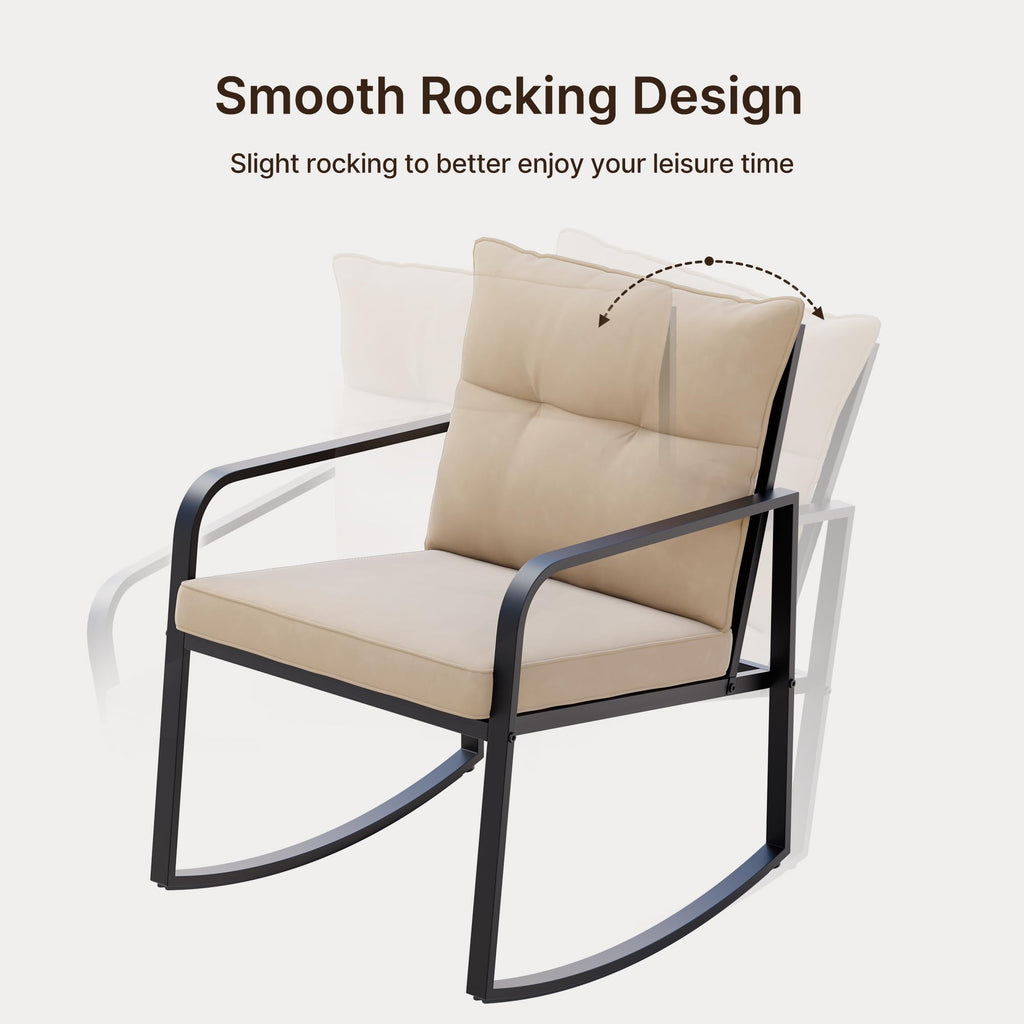 3 Pcs Rocking Bistro Set, Black Steel Patio Furniture, Beige Cushion
