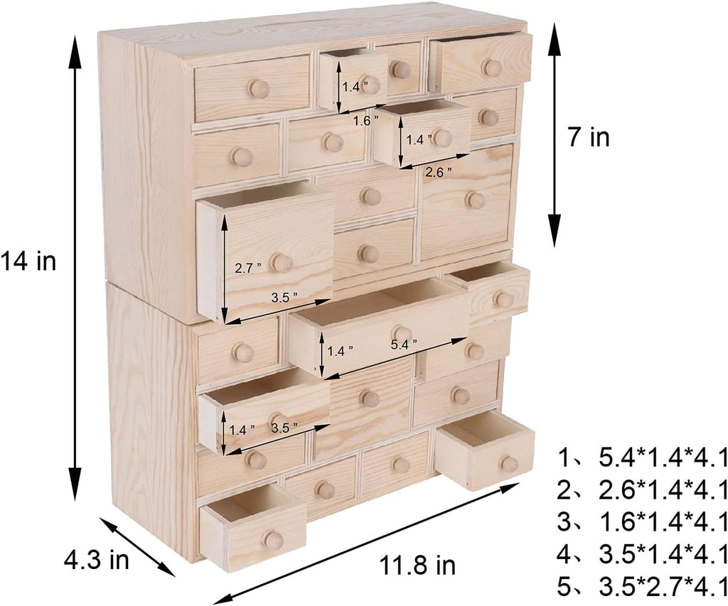 Set of 2 Wooden Countdown to Christmas Advent Calendar,Craft Storage Organizer with 24 Drawers,DIY Unfinished