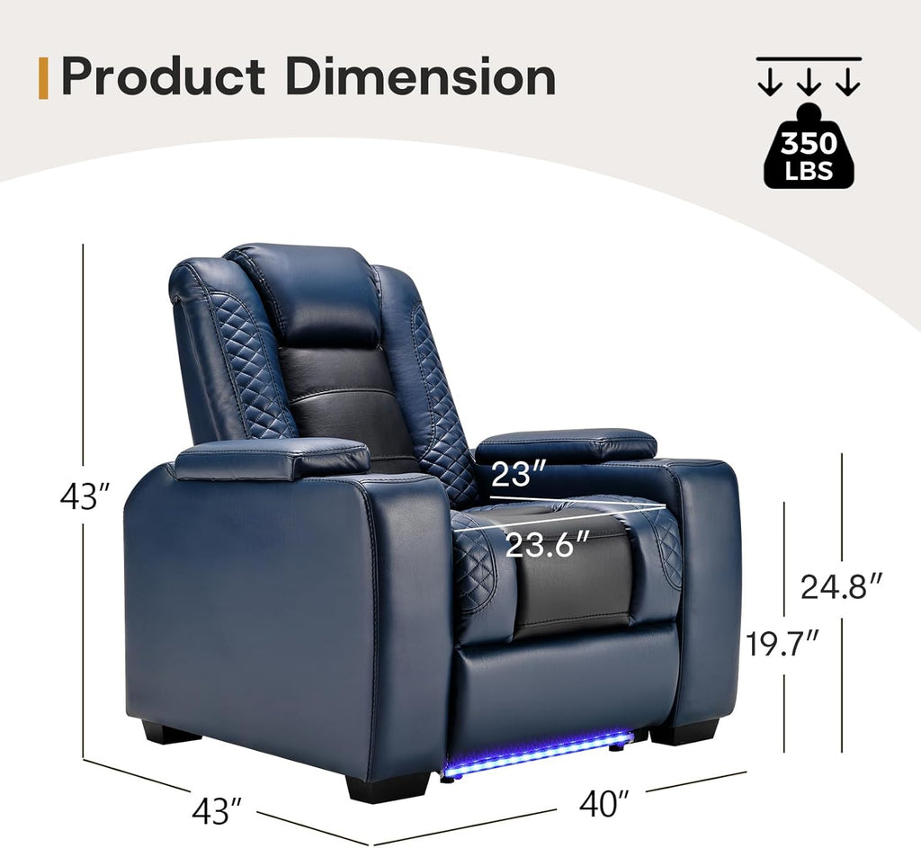 Power Home Theater Seating, PU Leather Electric Recliner Chair with Powered Headrest, Dual Motors Movie Reclining Chairs with LED Lights,USB Port, Cup Holders, Hidden Arm Storage (Blue & Black) A120-B0D7M4SW7Y