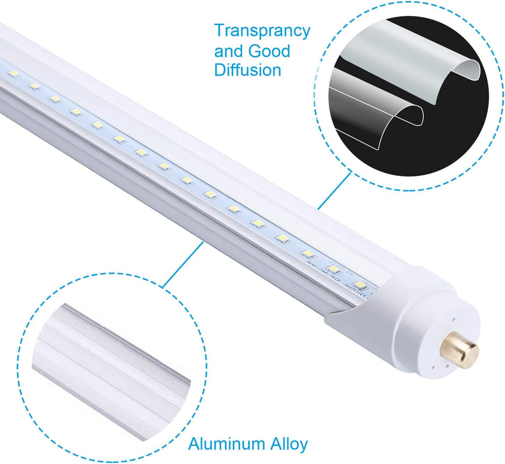 T8 T10 T12 LED Light Tube, 8ft FA8 Single Pin, 45W (100W Equivalent), 5000K, 5400 Lumens, Clear Cover, Dual-Ended