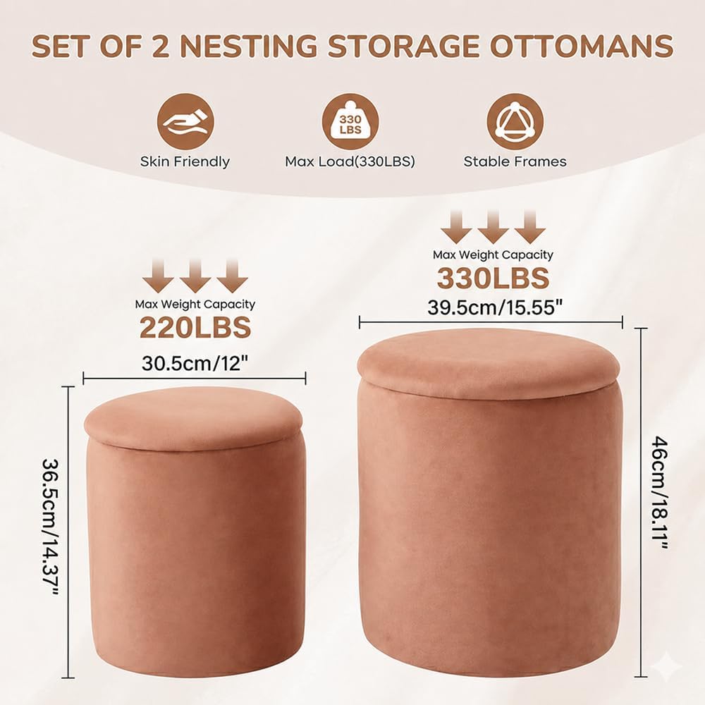 Round Storage Ottoman with Removable Lid, 2-Piece Upholstered Vanity Stool with Hidden Storage Space