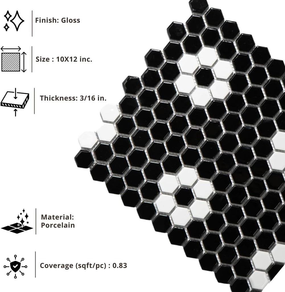 Hexagon Glossy Black and White Flower Porcelain Mosaic Tile - Kitchen Backsplash, Bathroom Wall & Shower Floor Tile