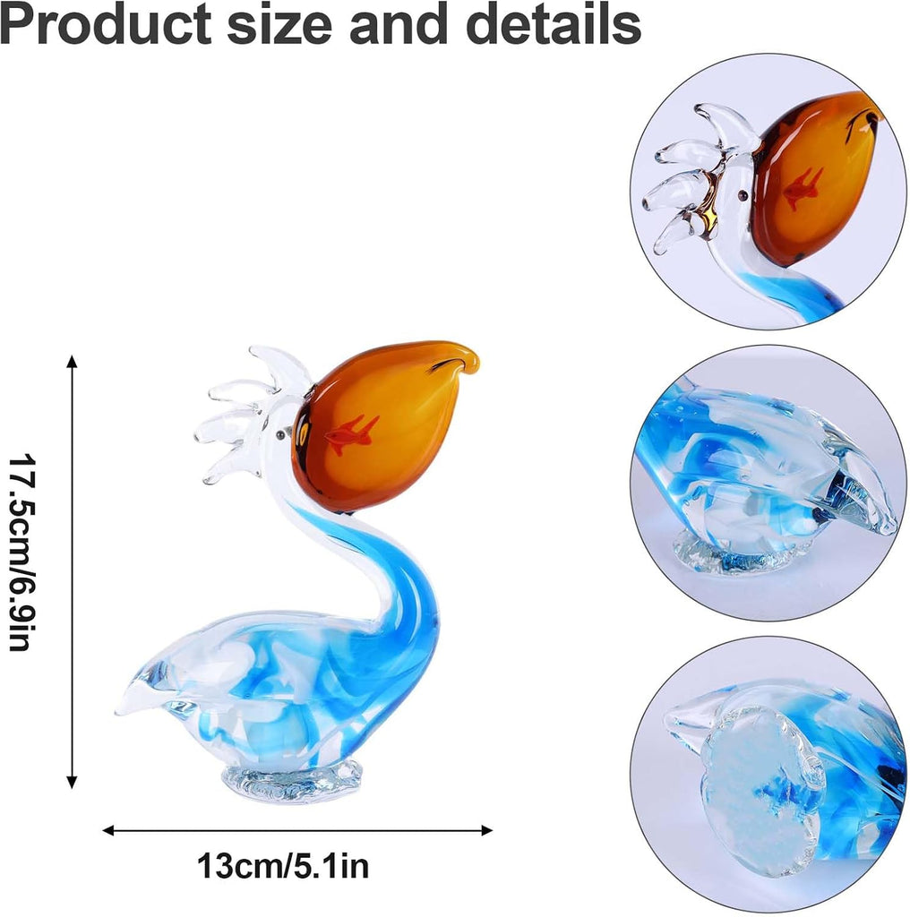 Pelican Figurine Hand Blown Glass Bird Sculpture, Pelican Statue Decor with Fish Detail Shelf Tabletop Display