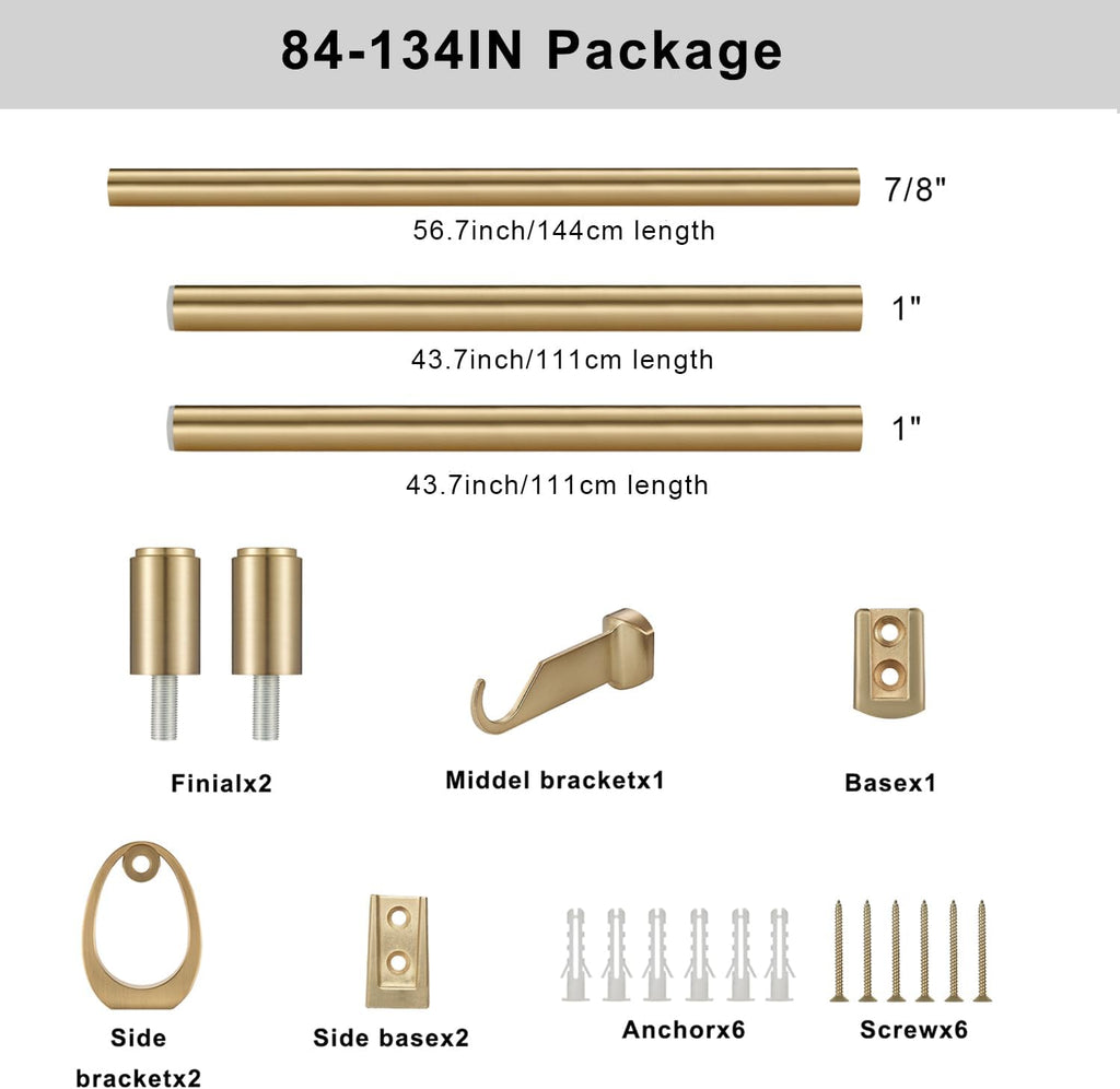 Modern Curtain Rods, 1Inch Diameter Decorative Single Window Rod Telescoping 84-134 Inch Adjustable Drapery Rods Warm