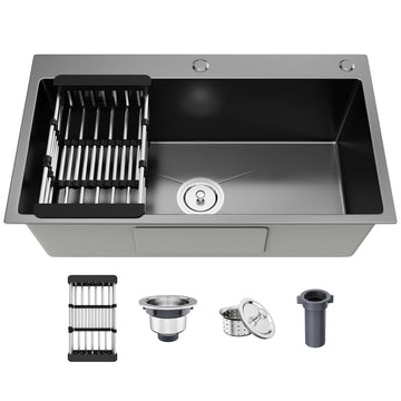 29.5" x 17.7" x 8.3" Topmount, 30 Inch Single Bowl, 304 Stainless Steel Handmade Round Corner Sinks, Drop in with