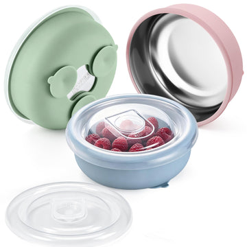 3 Pack Baby Bowls with Suction & Lids, 400 ML (Blue+Green+Pink)