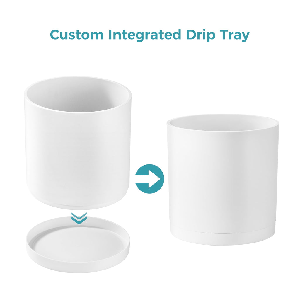14-Inch Large Modern Cylinder Planter, Thick-Walled Plastic Plant Pot with Drainage Holes and Detachable Saucer