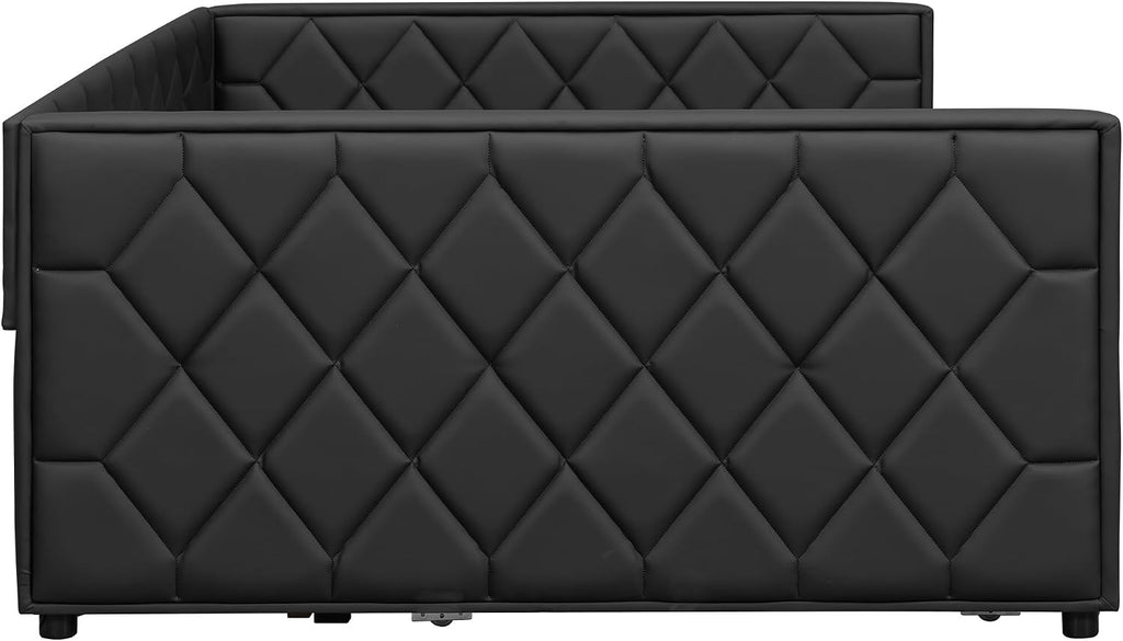 Full XL Size Upholstered Daybed with Pop Up Trundle, Multi-Functional PU Leather Sofa Bed with Backrest and Two