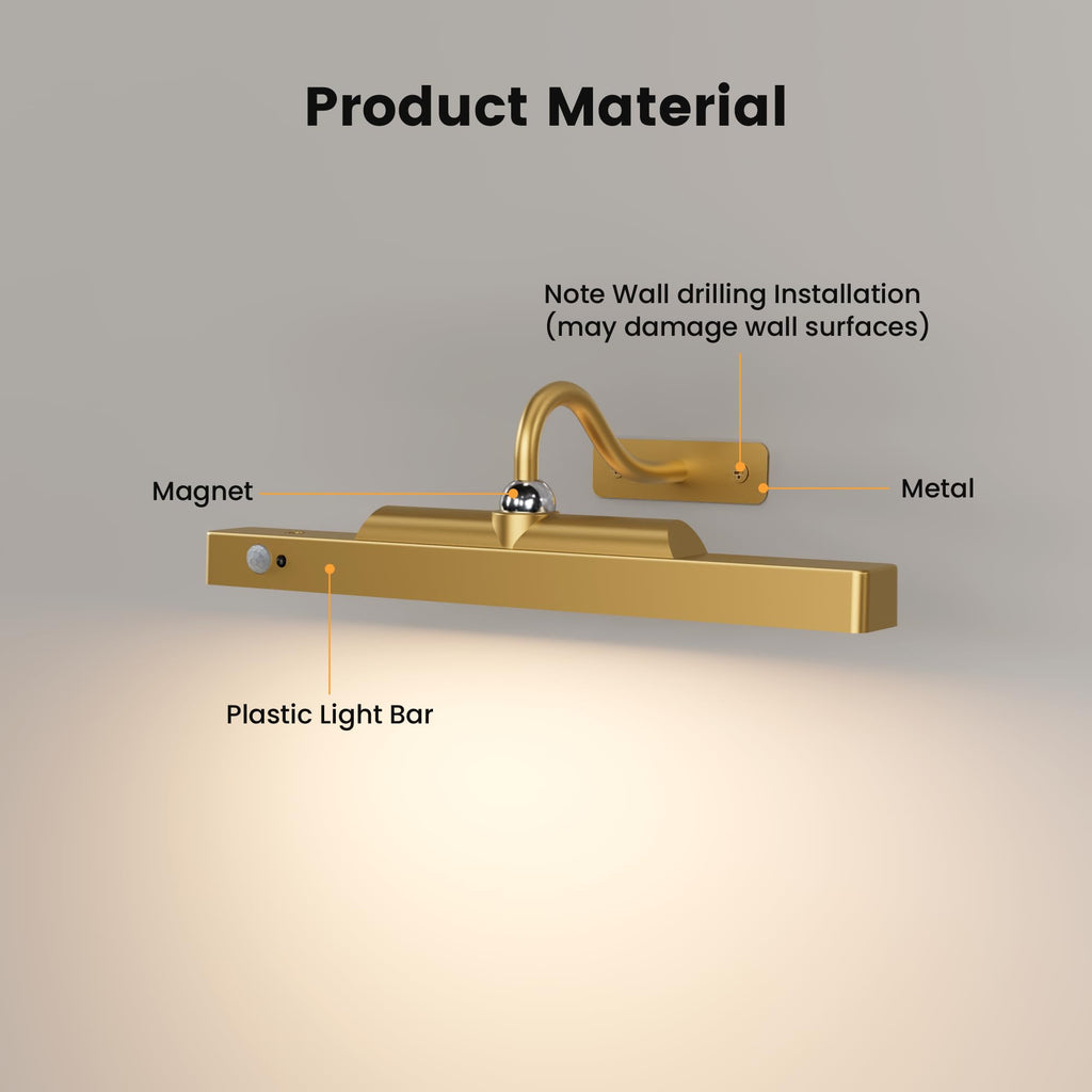 Rechargeable Motion Sensor Picture Light for Wall, 12 Inch, Brass, 2 Pack