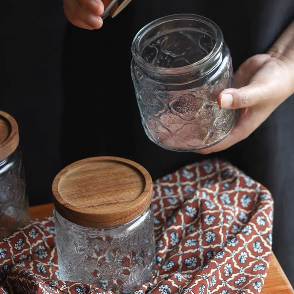 Set of 4 Vintage Glass Airtight Storage Jars, 17 FL OZ Glass Storage Containers with Bamboo Lids, Canning Jar