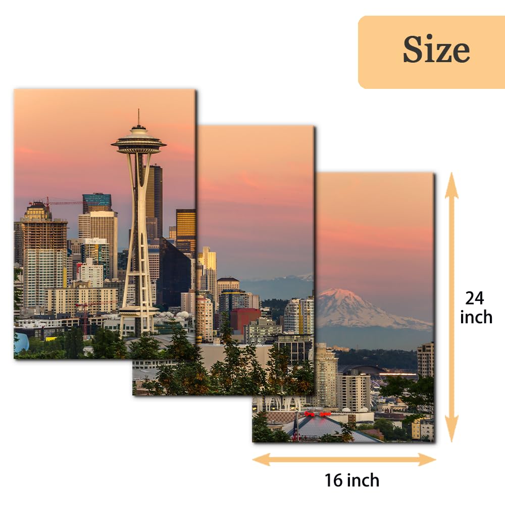 Cityscape Framed Wall Set of 3 Skyline Seattle and Mount Rainier at Sunset Pictures Print on Canvas Wall Decor Room