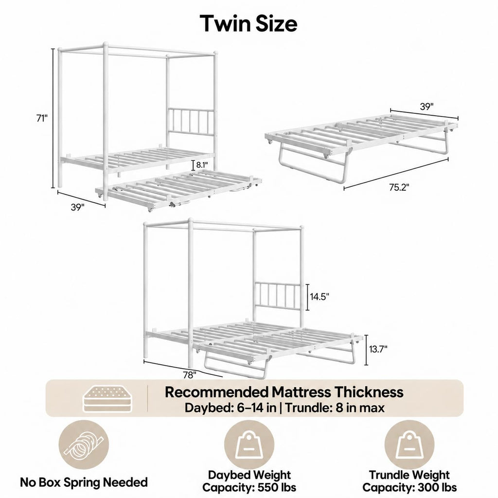 Twin Daybed with Trundle, Canopy Bed with Pop Up Trundle, White