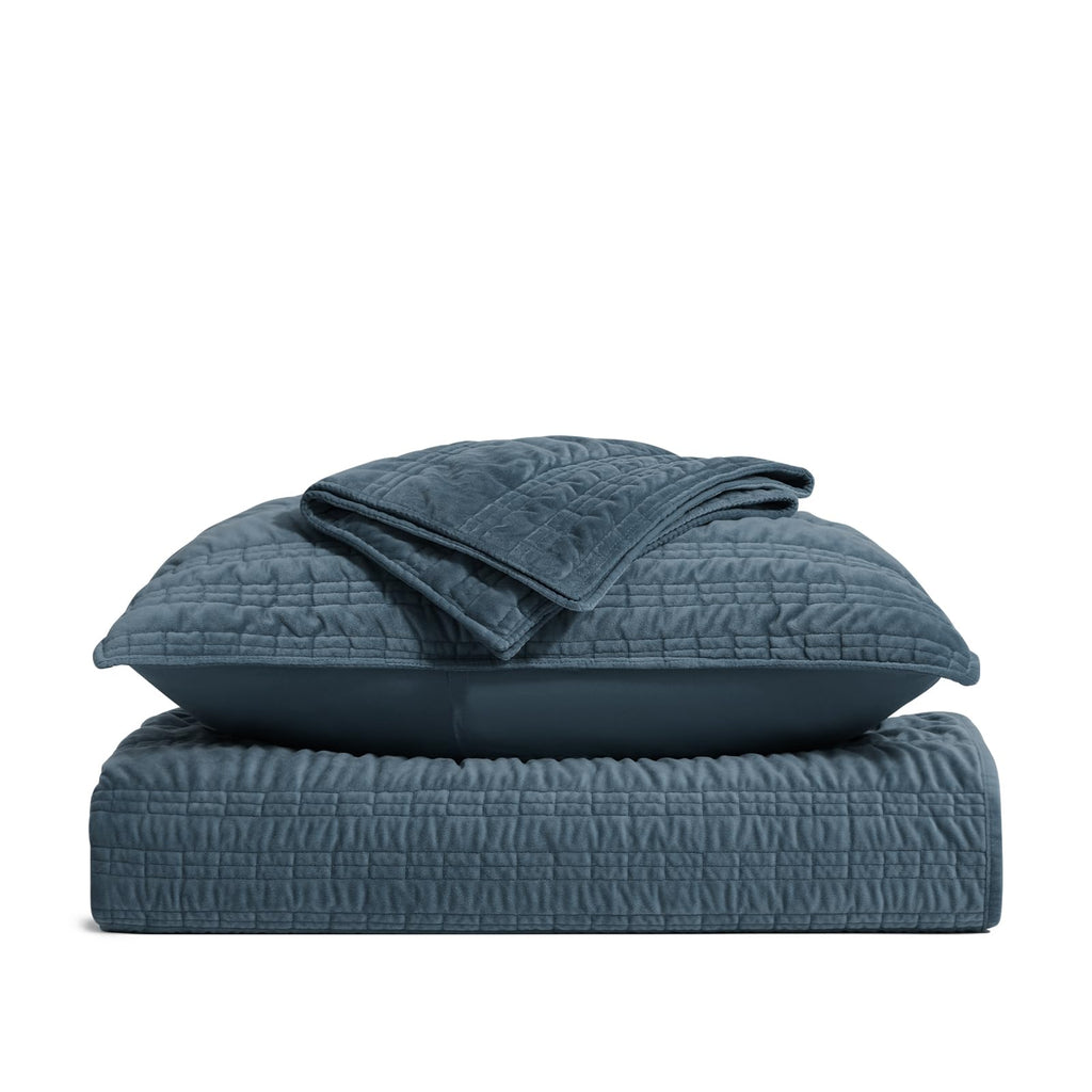 Luxury Ruched Velvet Quilt Set, Stormy Blue