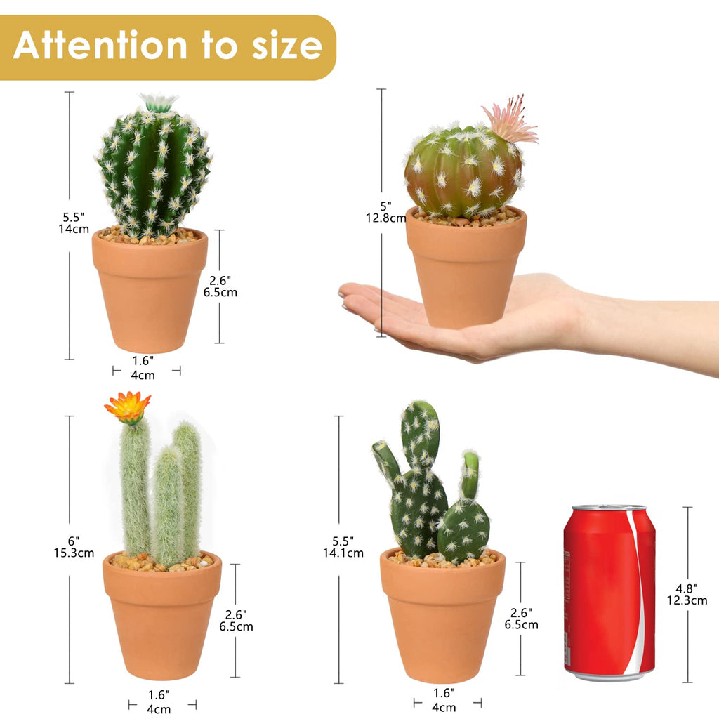 Mini Artificial Cactus Plants in Terracotta Pots 4 Pcs Potted Faux Succulents in Pots Fake Potted Plants Cactus Decor