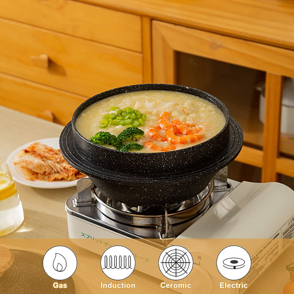 Cast Aluminum Pot with Lid, 7 in Non-Stick Casserole Dish Korean Stone Bowl Induction Compatible, Black