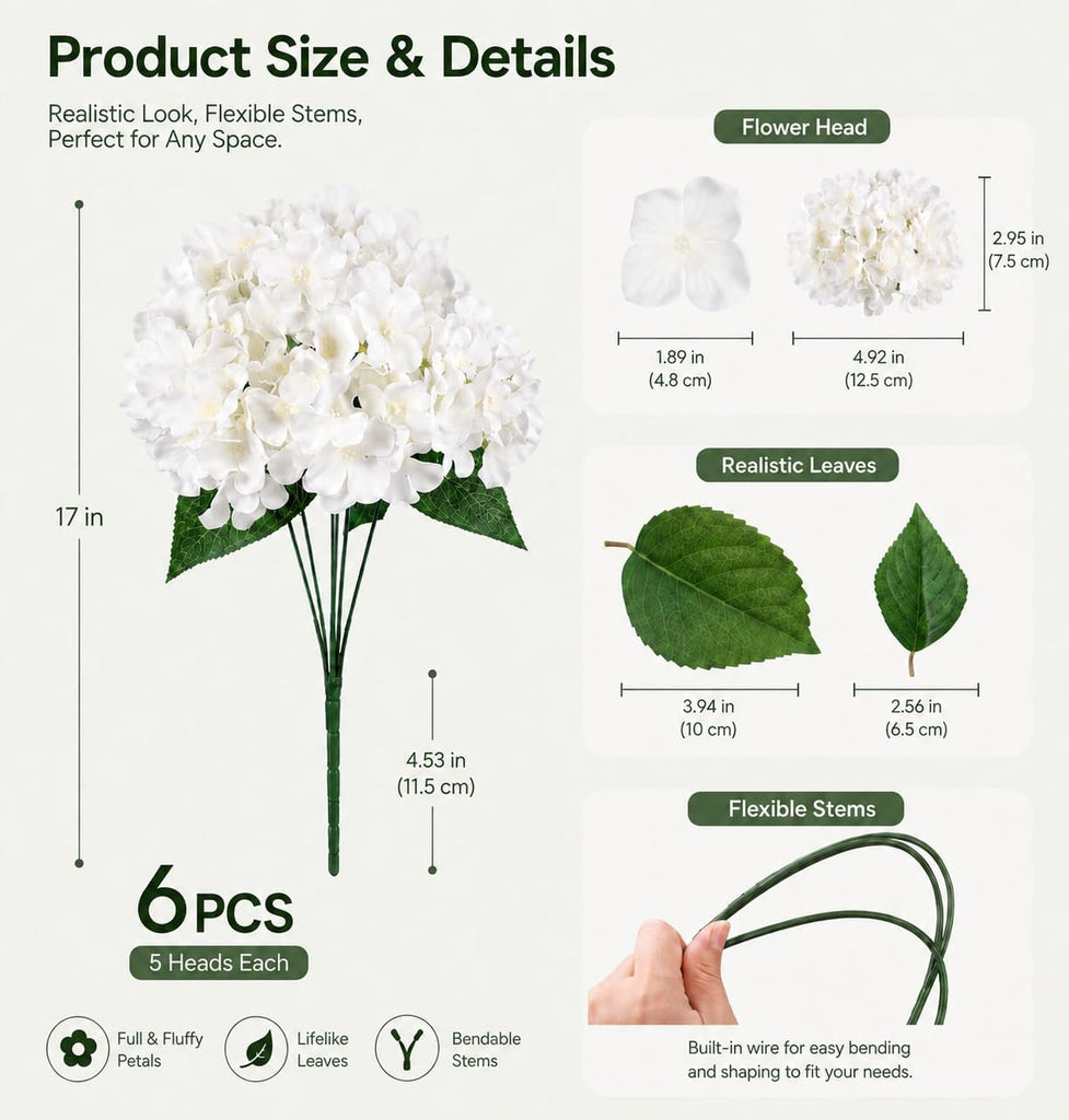 White Hydrangea Artificial Flowers Outdoor,30 Flower Heads UV Resistant Faux Hydrangeas Silk Flowers - Set of 6