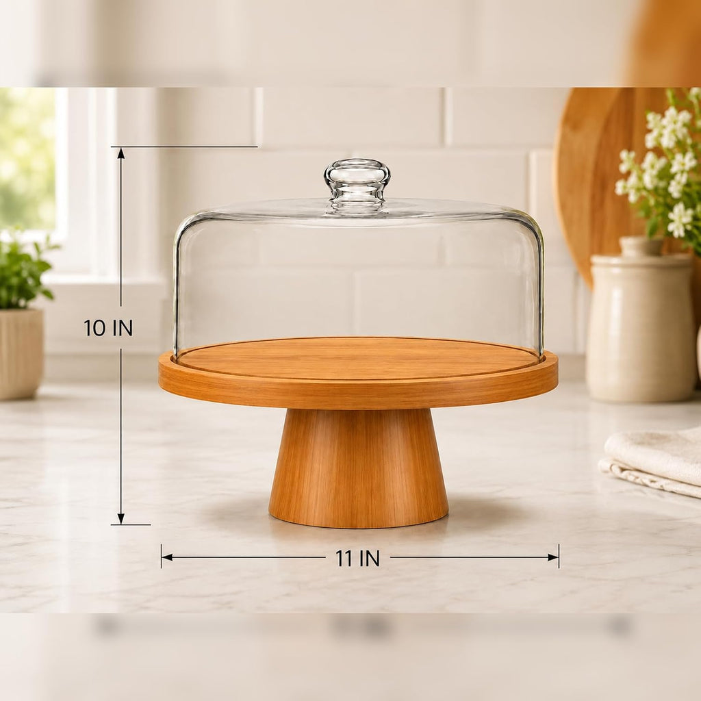 Cake Stand with Glass Lid, 11" Magnetic Bamboo Base for Parties & Kitchen