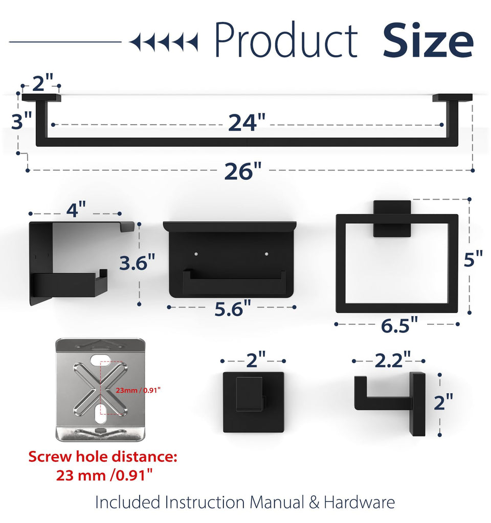 5-Piece Matte Black Bathroom Towel Bar Set, 24" Bathroom Hardware Kit