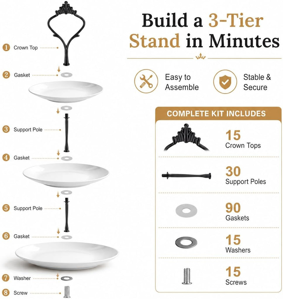 Tiered Tray Hardware Kit, Crown Handle Black 3-Tier - Set of 15
