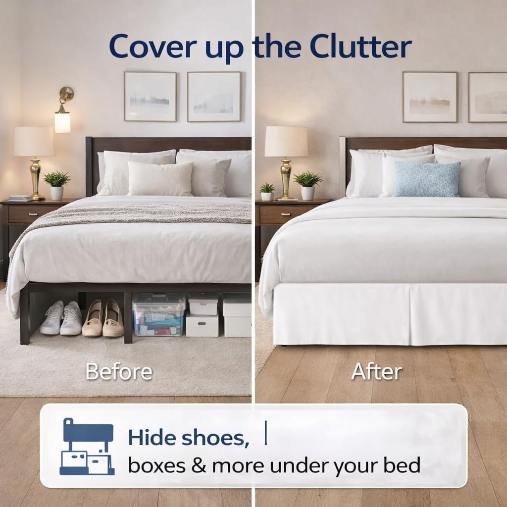 Premium King Size Bed Skirt by - 100% Cotton Blend, 14" Drop Length, Split Corner, Tailored Fit, Elegant Pleated