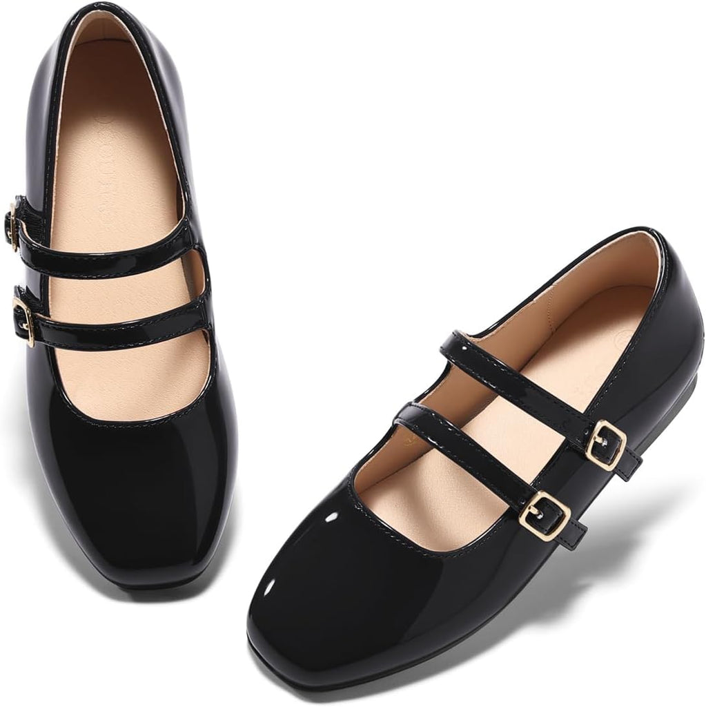 Girls Mary Jane Dress Shoes Square Toe Double Strap Flower Girl Wedding Party Ballet Flats for Toddler/Little/Big Kids