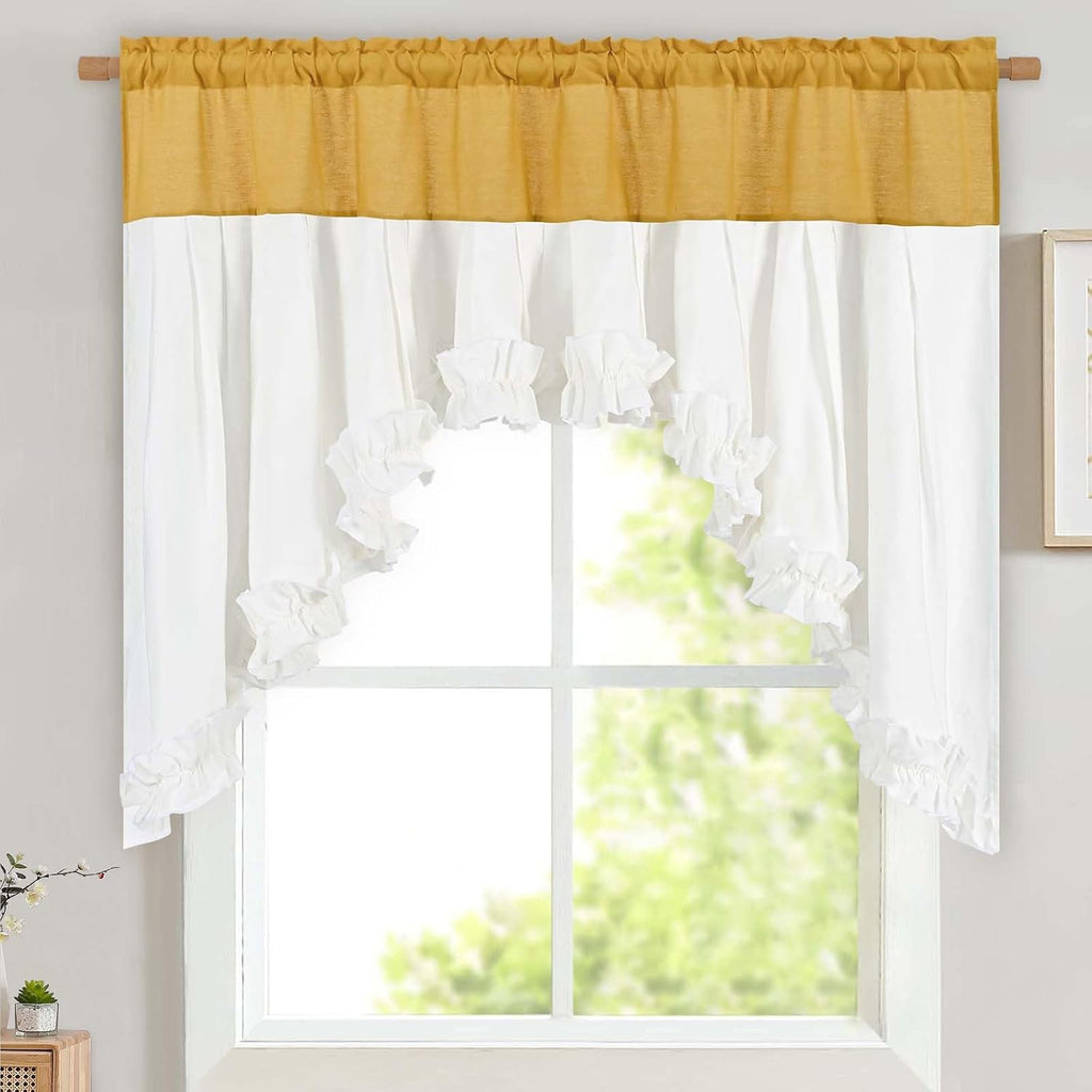 Yellow and White linen ruffle swag valance 60W x 36L - Casa Home Living