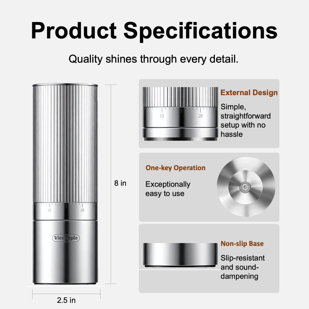 V6 Pro Portable Electric Burr Coffee Grinder, 60 Settings, Silver | All-metal body delivers fast, low-mess grinding