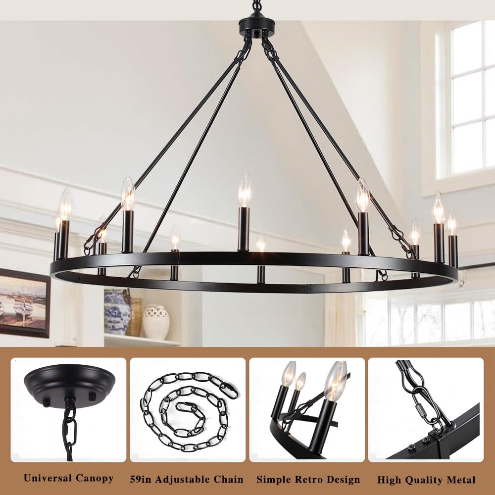 Inspired Camino Style Chandelier - Black Large Wagon Wheel Chandelier 38 inch, 12 Lights Farmhouse Chandelier, Industrial Rustic Candle Pendant Light Fixture for High Ceiling Living Room Dining Room Entryway A105-B0BNC15QDS