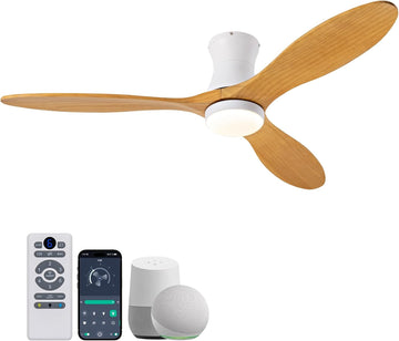 52 Inch Inspired Maverick Style Low Profile Smart Ceiling Hugger Fan with LED Light & Remote - Flush Mount, WiFi Alexa, 6-Speed Reversible - White