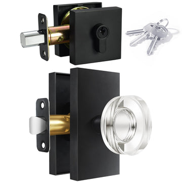 Black Glass Crystal Door Knobs with Deadbolt, Single Cylinder Deadbolt Set